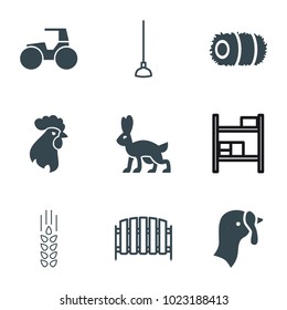 Farm icons. set of 9 editable filled and outline farm icons such as turkey, hoe, fence, hay, rooster, rabbit, tractor, wheat