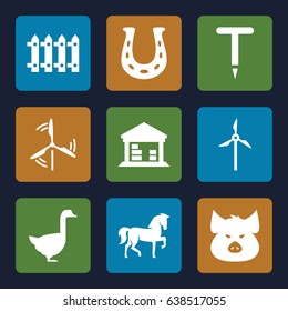 Farm icons set. set of 9 farm filled icons such as pig, horse, goose, gardening tool, fence, cargo barn, mill