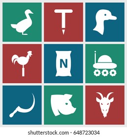 Farm icons set. set of 9 farm filled icons such as goose, pig, goat, gardening tool, scythe, weather vane, bag with ground