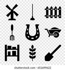 Farm icons set. set of 9 farm filled icons such as wheat, mill, shovel, pitchfork, hoe, wheelbarrow, fence, cargo barn