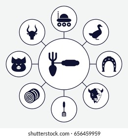 Farm icons set. set of 9 farm filled icons such as hay, pig, bull, goat, goose, horseshoe, gardening tool, pitchfork