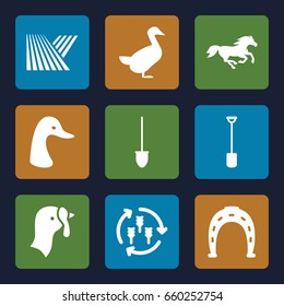 Farm icons set. set of 9 farm filled icons such as field, harvest, turkey, goose, horse, horseshoe