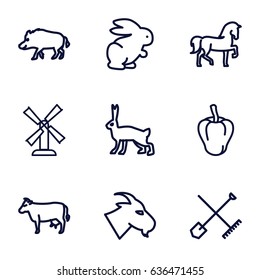 Farm icons set. set of 9 farm outline icons such as hog, cow, horse, goat, rabbit, shovel and rake, pepper