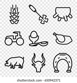 Farm icons set. set of 9 farm outline icons such as pig, bull, wheat, udder, tractor, boiled egg, gardening tool, chicken
