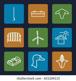 Farm icons set. set of 9 farm outline icons such as goat, goose, barn, corn, mill, hoe, fence, greenohuse