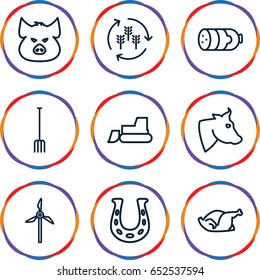 Farm icons set. set of 9 farm outline icons such as pig, cow, harvest, sausage, tractor, chicken, pitchfork, mill