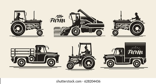 Farm icons set. Agricultural industry, farmer, harvester, tractor, truck symbol. Vintage vector illustration