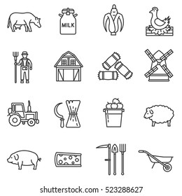 farm icons set. agriculture and livestock, thin line design. Farm food, linear symbols collection. Harvesting, isolated vector illustration.