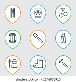 Farm icons set with barrel, waterproof boot, ladder and other fertilizer elements. Isolated vector illustration farm icons.