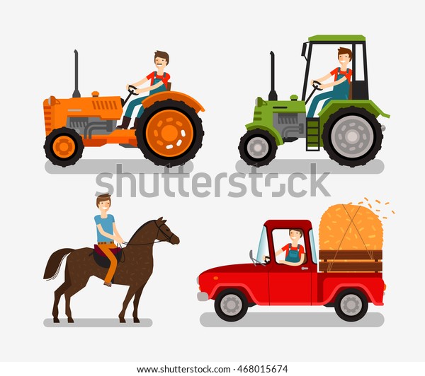 Farm icons set. Cartoon symbols such\
as tractor, truck, horse, farmer. Vector\
illustration