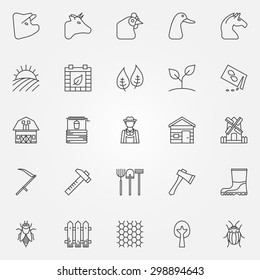 Farm icons set - collection of agriculture, gardening thin line vector symbols or signs