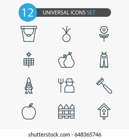 Farm Icons Set. Collection Of Decorative Plant, Birdhouse, Rake And Other Elements. Also Includes Symbols Such As Garden, Pear, Grower.