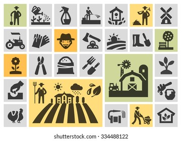 farm icons set. collection elements grower, gardener, field, honey, plant, harvest, barn, tractor, tree, chicken, watering can, birdhouse, windmill, axe, farmer, hose, bench, sack of grain, flower