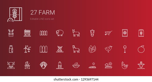 farm icons set. Collection of farm with field, chick, silo, turkey, large, minotaur, chicken, seeds, horse, windmill, fence, wind turbine, milk. Editable and scalable farm icons.