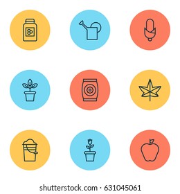 Farm Icons Set. Collection Of Flowerpot, Bailer, Jar And Other Elements. Also Includes Symbols Such As Maple, Bottle, Bucket.