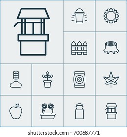 Farm Icons Set. Collection Of Flowerpot, Floral, Hang Lamp And Other Elements. Also Includes Symbols Such As Park, Maple, Well.