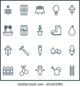 Farm Icons Set. Collection Of Gardening Shoes, Floret, Fertilizer And Other Elements. Also Includes Symbols Such As Bailer, Water, Home.