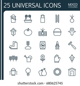 Farm Icons Set. Collection Of Lantern, Pear With Apple, Bloom And Other Elements. Also Includes Symbols Such As Ladder, Gardening, Can.