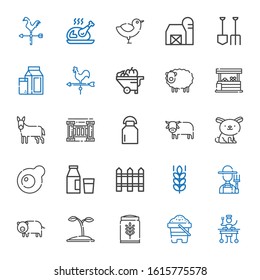 farm icons set. Collection of farm with large, sand, wheat, seed, pig, farmer, fence, milk, egg, rabbit, ox, donkey, vegetables, sheep, wheelbarrow. Editable and scalable farm icons.