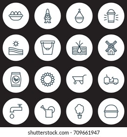 Farm Icons Set. Collection Of Meadow, Spigot, Wheelbarrow And Other Elements. Also Includes Symbols Such As Caterpillar, Scale, Farm.