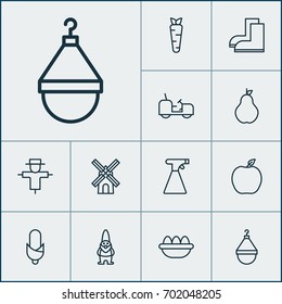 Farm Icons Set. Collection Of Ovum, Sprinkler, Agrimotor And Other Elements. Also Includes Symbols Such As Scarecrow, Hanger, Water.