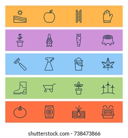 Farm Icons Set. Collection Of Rake, Sprinkler, Water Monument And Other Elements. Also Includes Symbols Such As Gnome, Root, Stump.