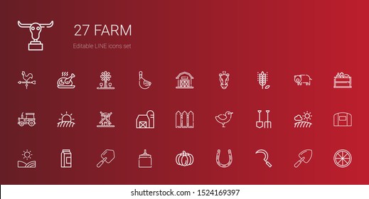 farm icons set. Collection of farm with sickle, horseshoe, pumpkin, oat, shovel, milk, field, chicken, fence, barn, windmill, tractor, wheat. Editable and scalable farm icons.