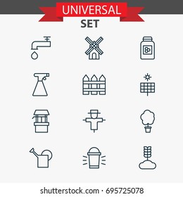 Farm Icons Set. Collection Of Source, Barrier, Hang Lamp And Other Elements. Also Includes Symbols Such As Timber, Faucet, Sprinkler.