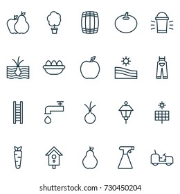 Farm Icons Set. Collection Of Spigot, Cask, Garlic And Other Elements. Also Includes Symbols Such As Meadow, Birdhouse, Fruits.