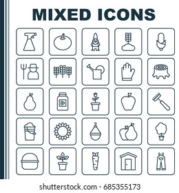 Farm Icons Set. Collection Of Tree Stub, Helianthus, Garden Clothes And Other Elements. Also Includes Symbols Such As Dwarf, Pitchfork, Helianthus.