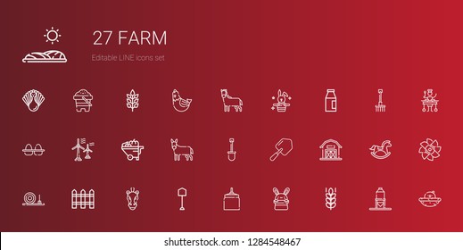 farm icons set. Collection of farm with wheat, bunny, oat, shovel, horse, fence, straw bale, barn, donkey, wheelbarrow, wind turbine, eggs, milk. Editable and scalable farm icons.