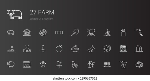 farm icons set. Collection of farm with wheat, wind turbine, hen, weathercock, corn, chicken coop, sheep, seeds, rabbit, pumpkin, orange, shovel. Editable and scalable farm icons.