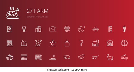 farm icons set. Collection of farm with wheelbarrow, chicken, pig, field, fence, chicken coop, pumpkin, barn, sickle, oat, scarecrow, rabbit. Editable and scalable farm icons.