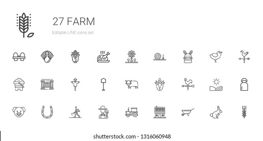 farm icons set. Collection of farm with wheelbarrow, farm house, tractor, farmer, farmer hoeing, horseshoe, pig, weather vane, corn, ox, shovel. Editable and scalable icons.