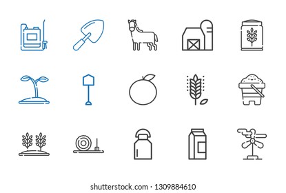 farm icons set. Collection of farm with wind turbine, milk, straw bale, wheat, sand, orange, shovel, seed, barn, horse, sprayer. Editable and scalable farm icons.