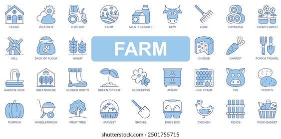 Farm icons set in duotone outline stroke design for web. Pack pictograms of house, weather, tractor, milk product, cow, rake, haystack, flower, mill, wheat, cheese, carrot, other. Vector illustration.