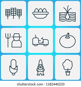 Farm icons set with eggs, corn, soil and other ovum elements. Isolated vector illustration farm icons.