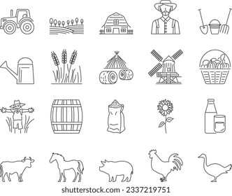 Farm Icons Set. Farmer, Cattle, Harvest. Editable Stroke. Simple Icons Vector Collection