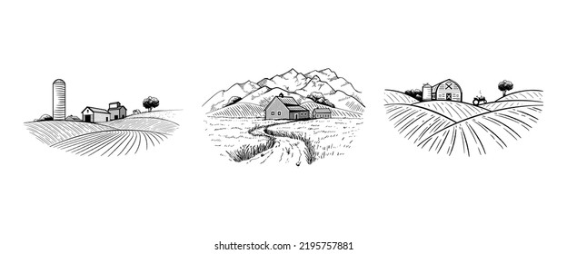 Farm icons set. Farming, production of farm products, milk, meat, bread. Label for business