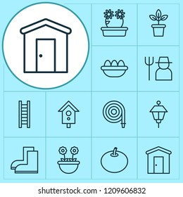 Farm icons set with floret, tomato, barn and other farmhouse elements. Isolated vector illustration farm icons.