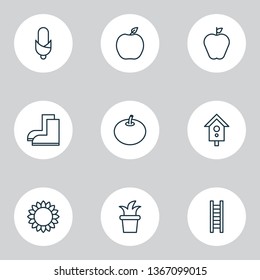 Farm icons set with flowerpot, waterproof boot, peach and other nectarine elements. Isolated vector illustration farm icons.