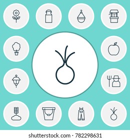 Farm icons set with grower, pail, jug and other source elements. Isolated vector illustration farm icons.