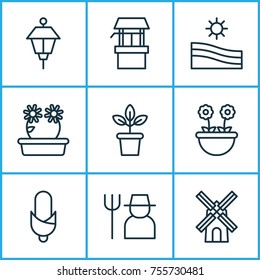 Farm Icons Set. Includes Icons Such As Lantern, Mill, Source And Other.