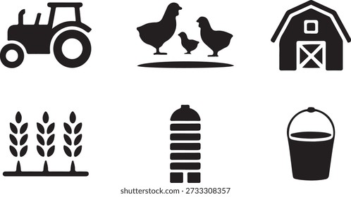 Farm icons set including tractor barn livestock crops and equipment