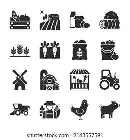 Farm icons set. Jobs, farm products, harvesting. buildings for farming. Monochrome black and white icon.