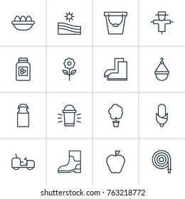 Farm icons set with jonagold, ovum, agrimotor and other wood elements. Isolated vector illustration farm icons.