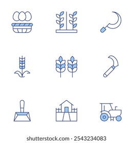 Farm icons set. Line Duotone style, editable stroke. wheat, plantation, eggs, house, sickle, tractor, dustpan.