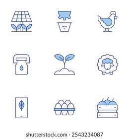 Farm icons set. Line Duotone style, editable stroke. sheep, hen, eggs, smart farm, solar panel, animal, crate, agriculture, milk bottle.