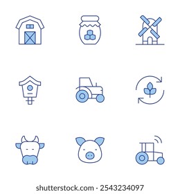 Farm icons set. Line Duotone style, editable stroke. agronomy, tractor, windmill, pig, honey jar, bird house, cow, farm house.