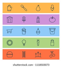 Farm icons set with milk can, overalls, cherry and other helianthus elements. Isolated vector illustration farm icons.